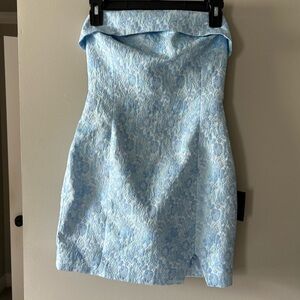 Lulu's Light Blue  Strapless Jacquard Dress ** loose thread on top of the slit**